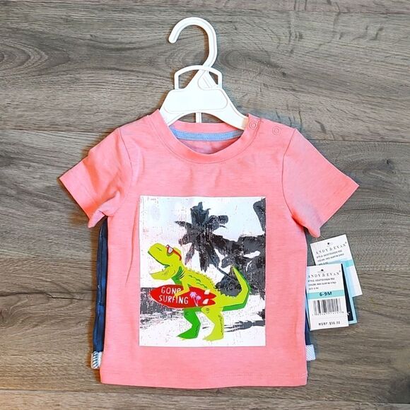 Andy & Evan New With Tags 6-9 Month Gone Surfing T-Rex Crewneck Tee & Shorts Set - Picture 3 of 12